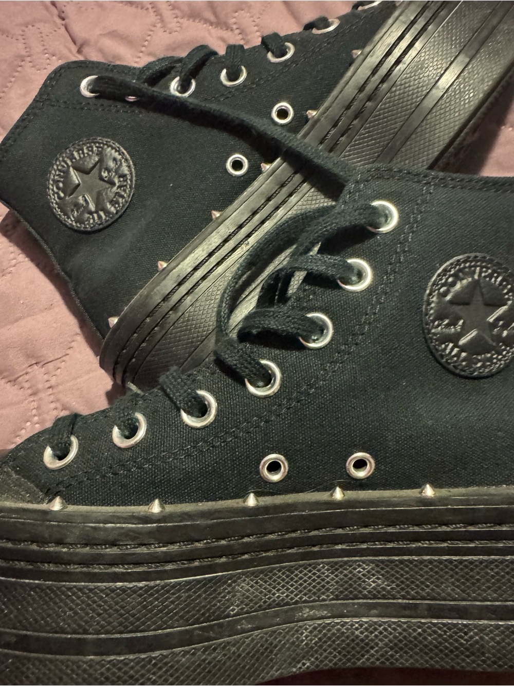 Womens 5.5 Black Studded Converse Double Platform High Tops - Picture 4 of 5